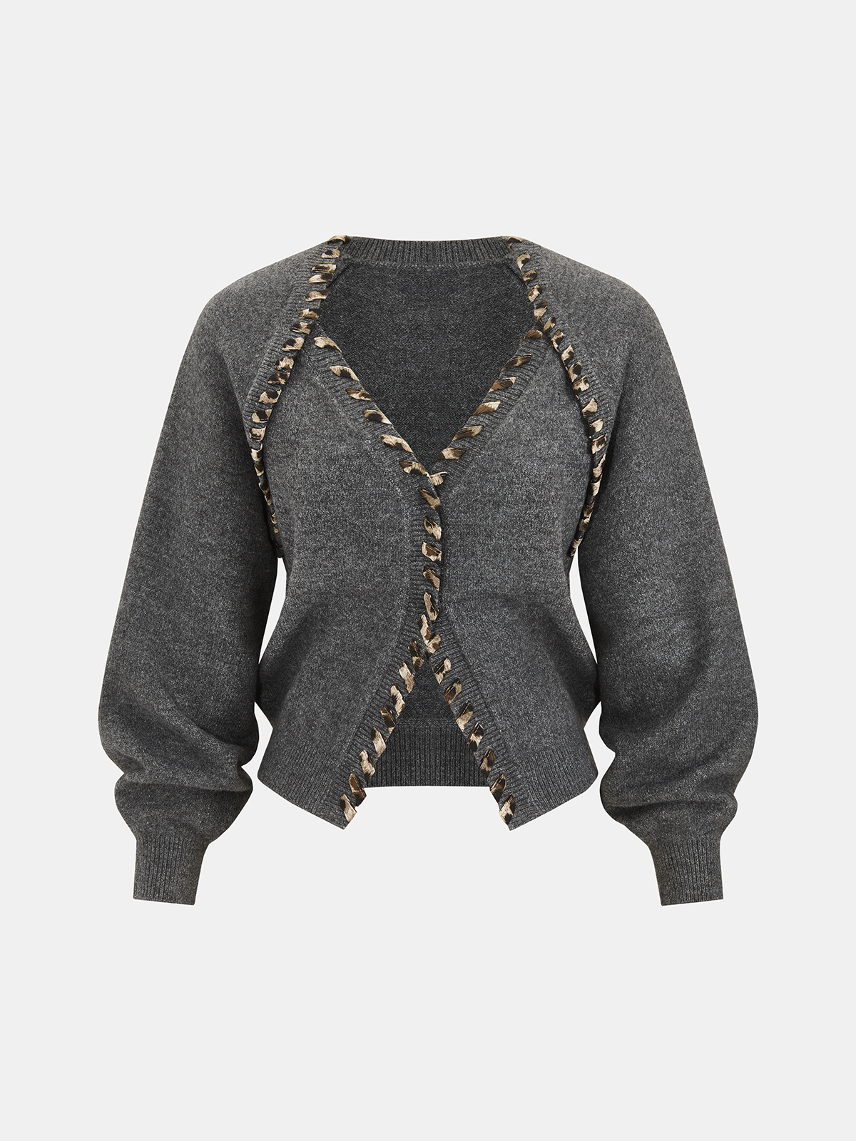 Lace-Up Trim V-Neck Cardigan with Long Sleeves