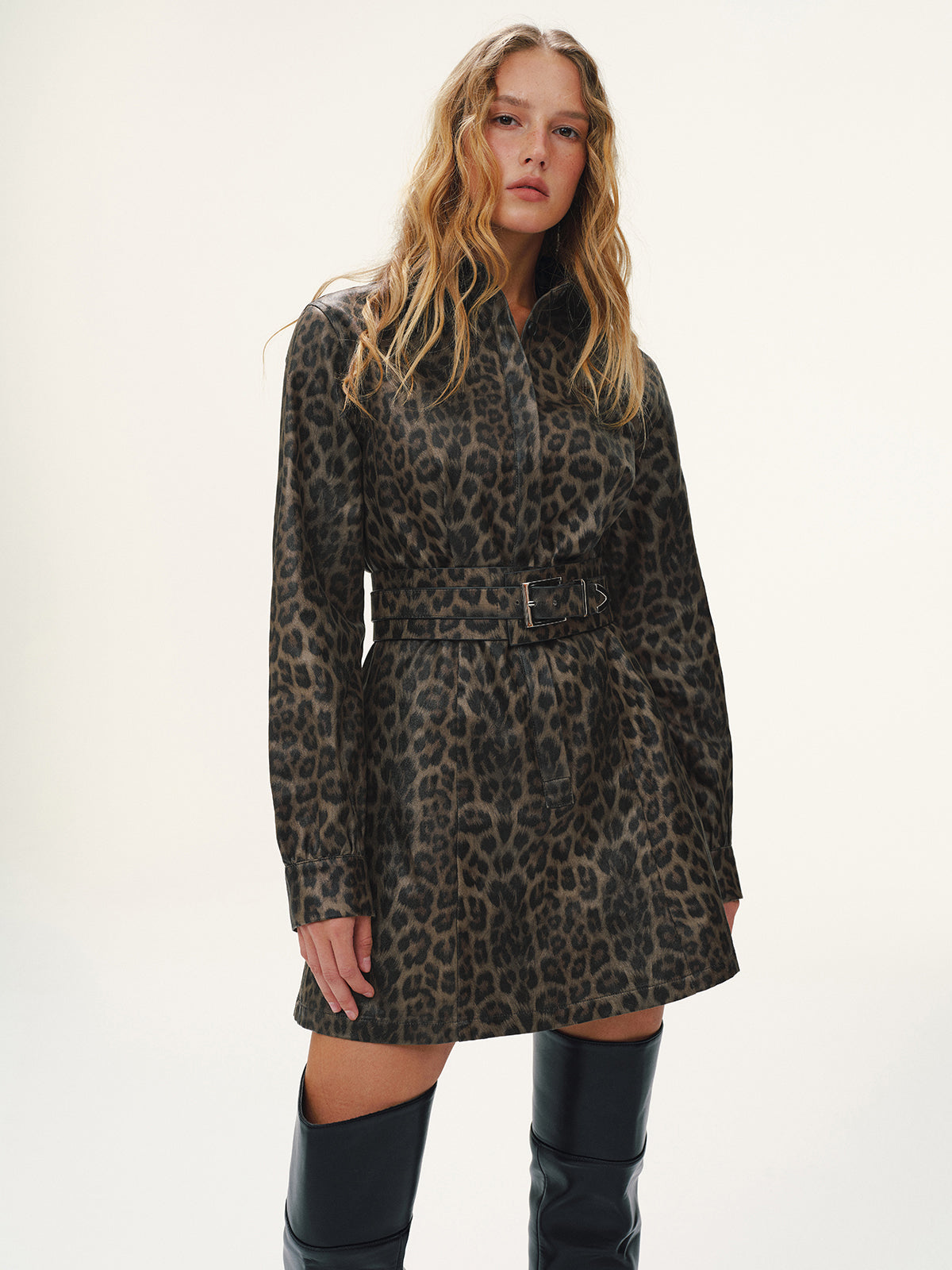 Belted Leopard Print Shirt Dress with Long Sleeves and Collar