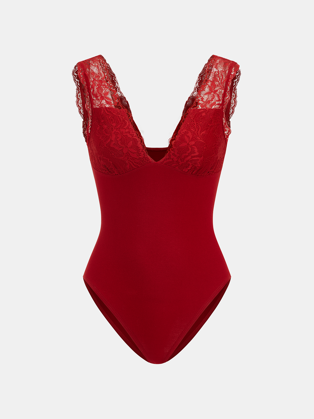 Deep V-Neck Lace-Trimmed Bodysuit for Women, Elegant Long Sleeve Style