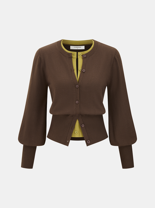2 in 1 Layered Puff-Sleeve Cardigan Versatile Lightweight Sweater