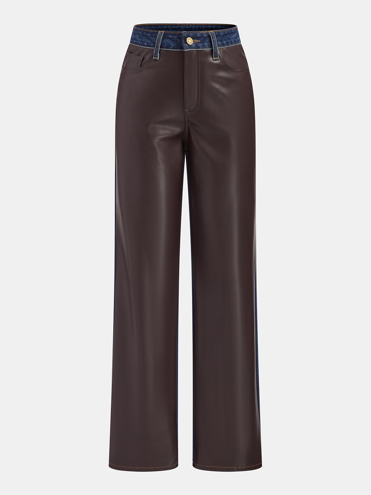 Denim Panel Faux Leather Straight-Leg Pants, Casual Chic High-Waisted Design