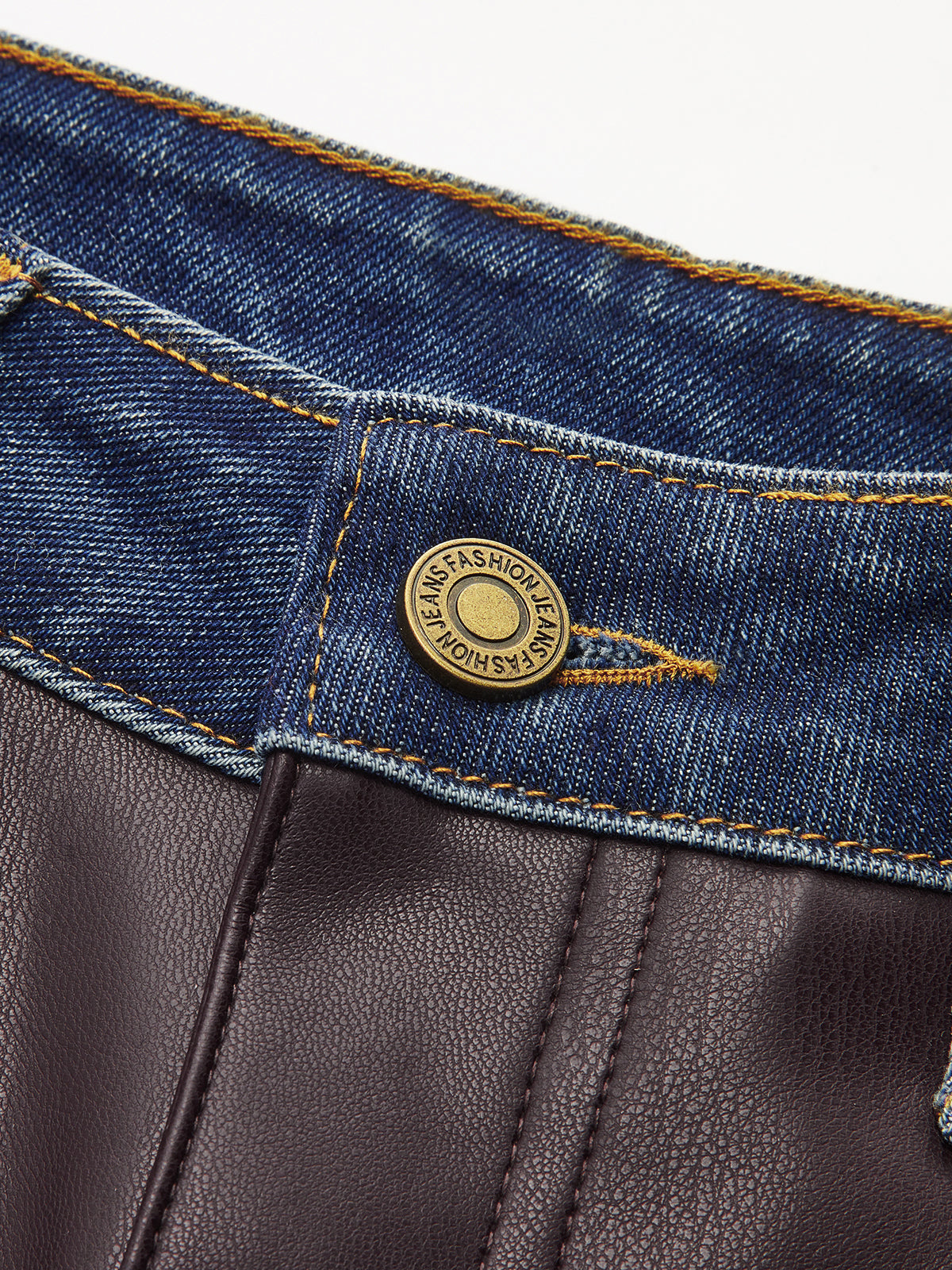 Denim Panel Faux Leather Straight-Leg Pants, Casual Chic High-Waisted Design