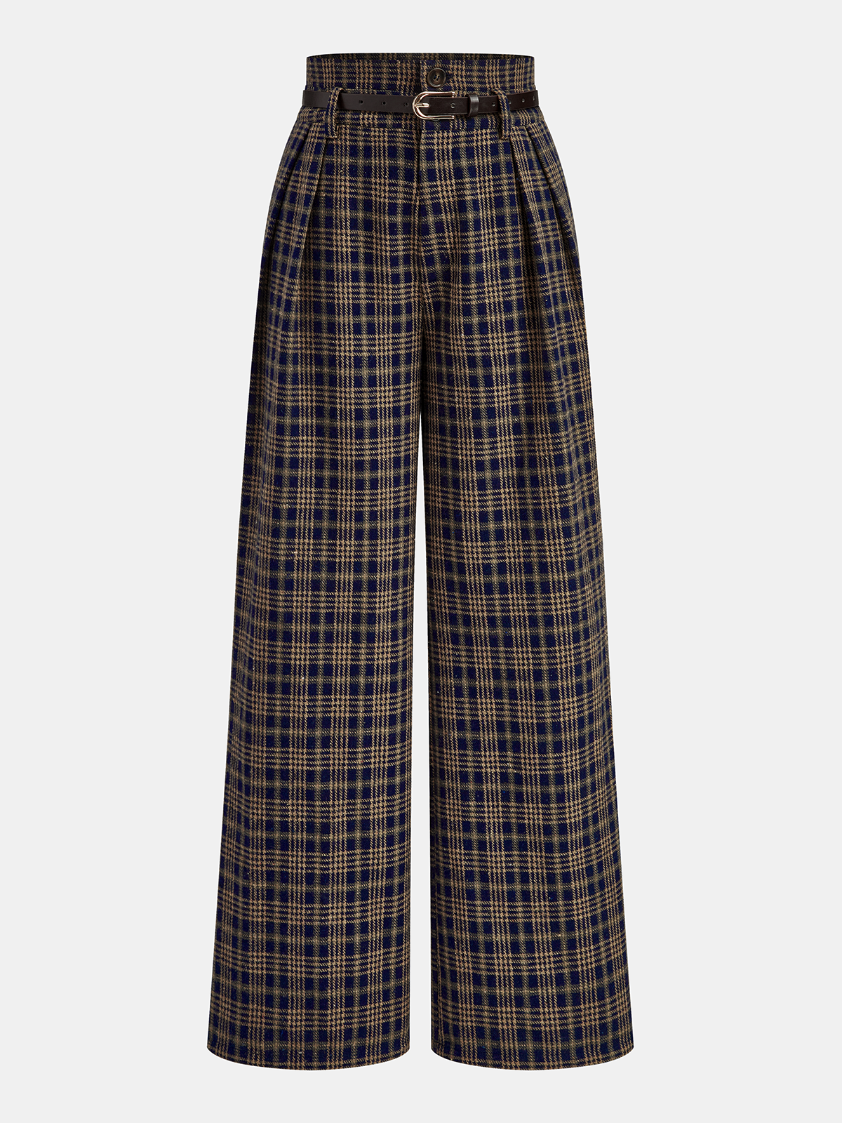 Belted Plaid High-Waisted Pants with Classic Design for Women