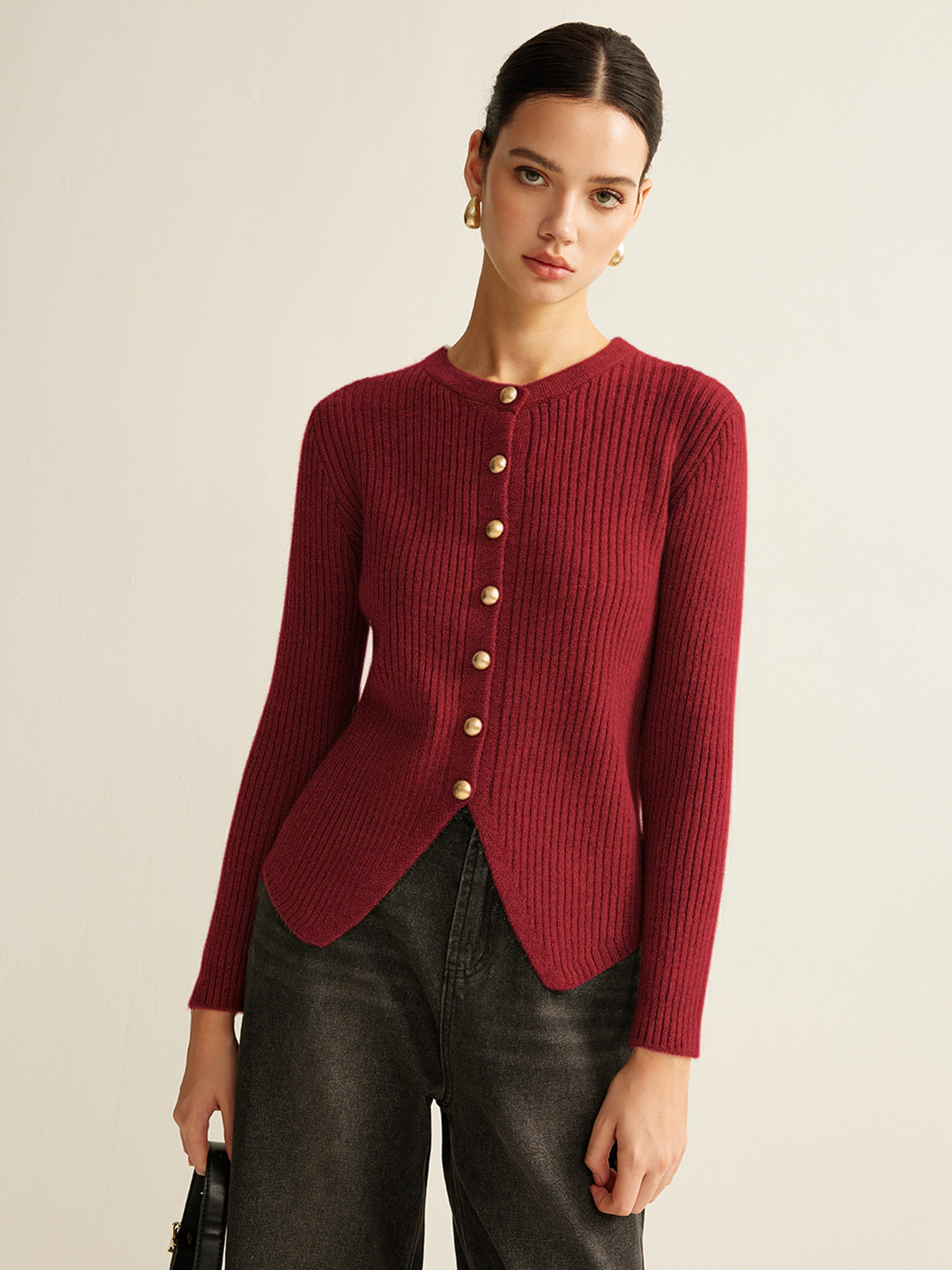Button Down Split Cardigan Long Sleeve Lightweight Knit