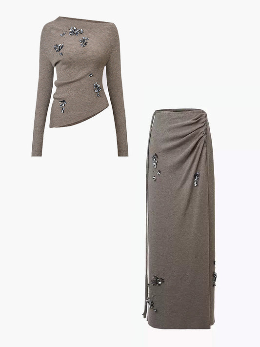 Wool-Blend Sequins Knit Top & Skirt Set for Women Winter Fashion