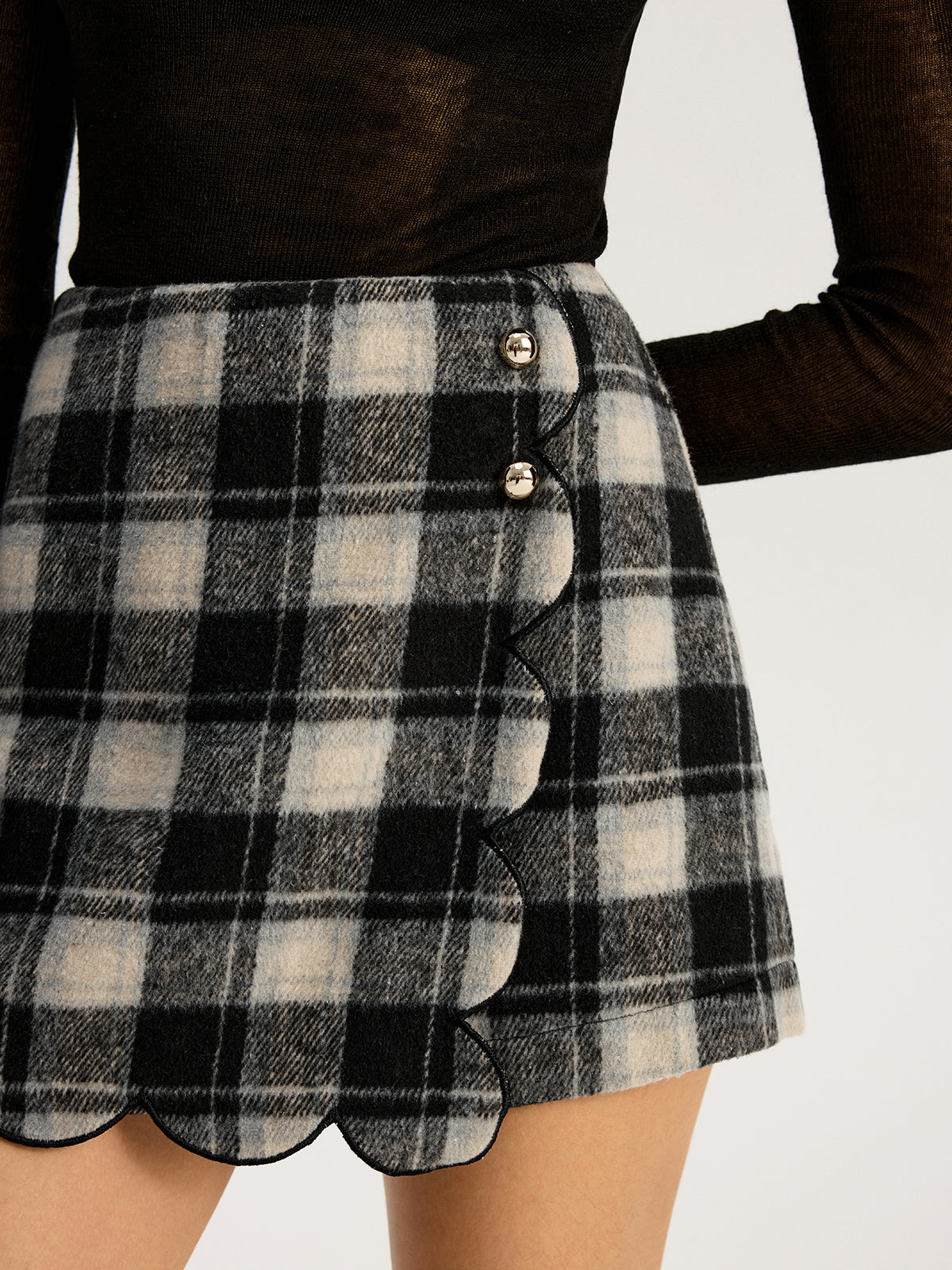 Checkered Scallop Trim Skirt with Elastic Waistband