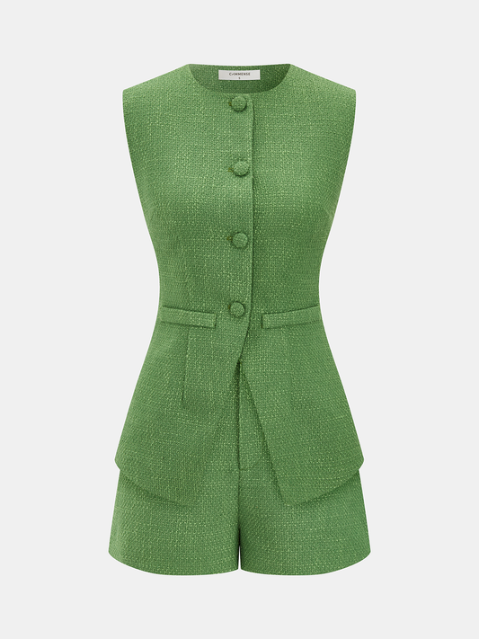 Tweed Sleeveless Vest & Shorts Set Casual Chic Outfit for Women