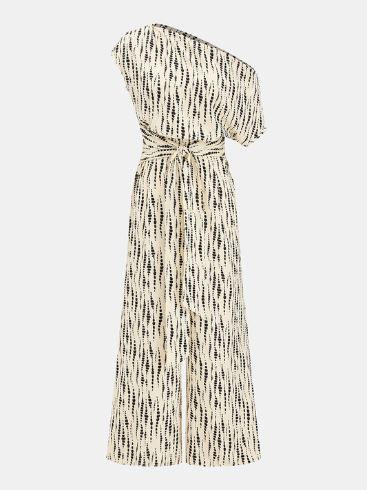 Abstract Dot Print One-Shoulder Jumpsuit with Side Pockets and Belt