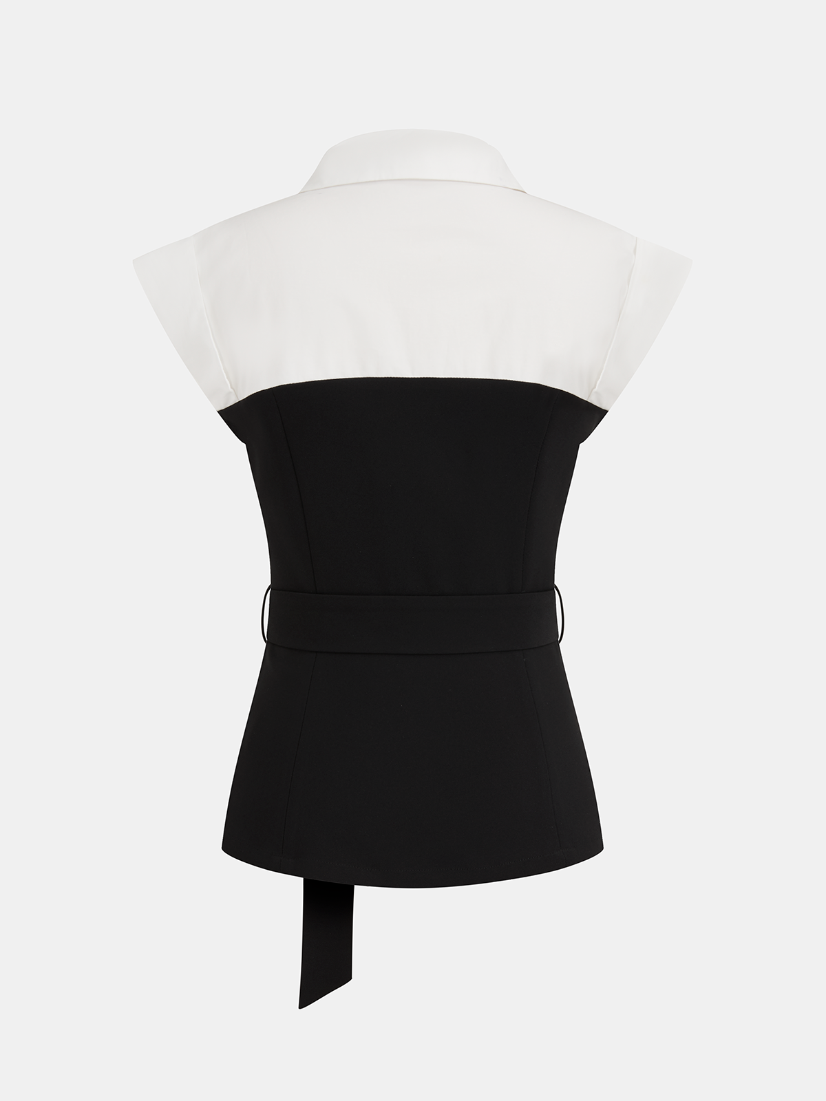 Collared Color Block Sleeveless Belted Blouse Women's Fashion Top