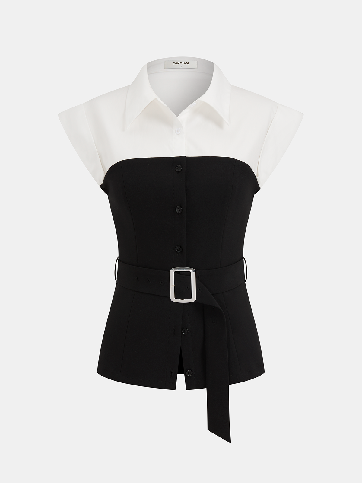 Collared Color Block Sleeveless Belted Blouse Women's Fashion Top
