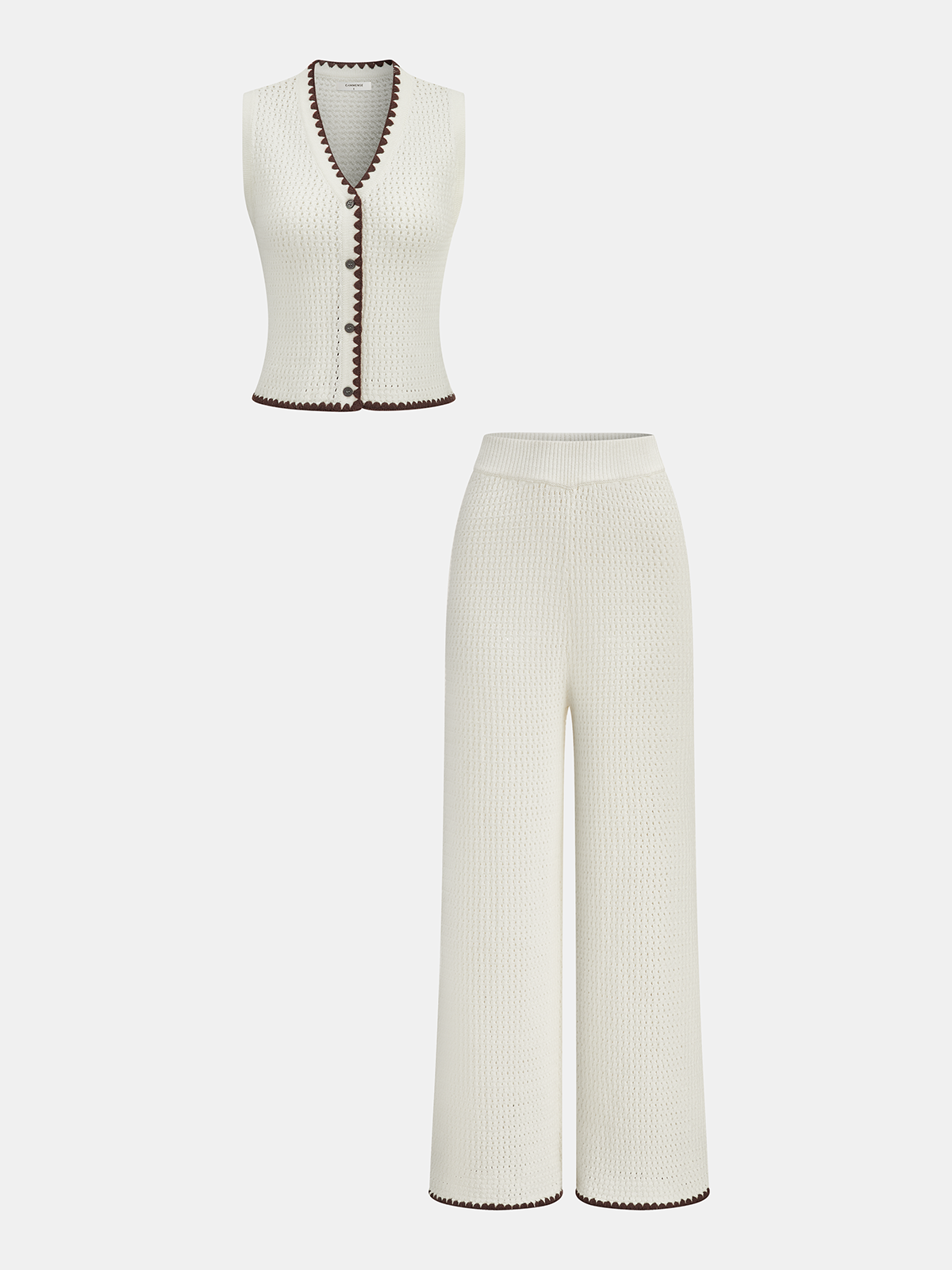 Contrast Trim Knit Vest & Wide-Leg Pants Set - Cozy Casual Outfit for Women