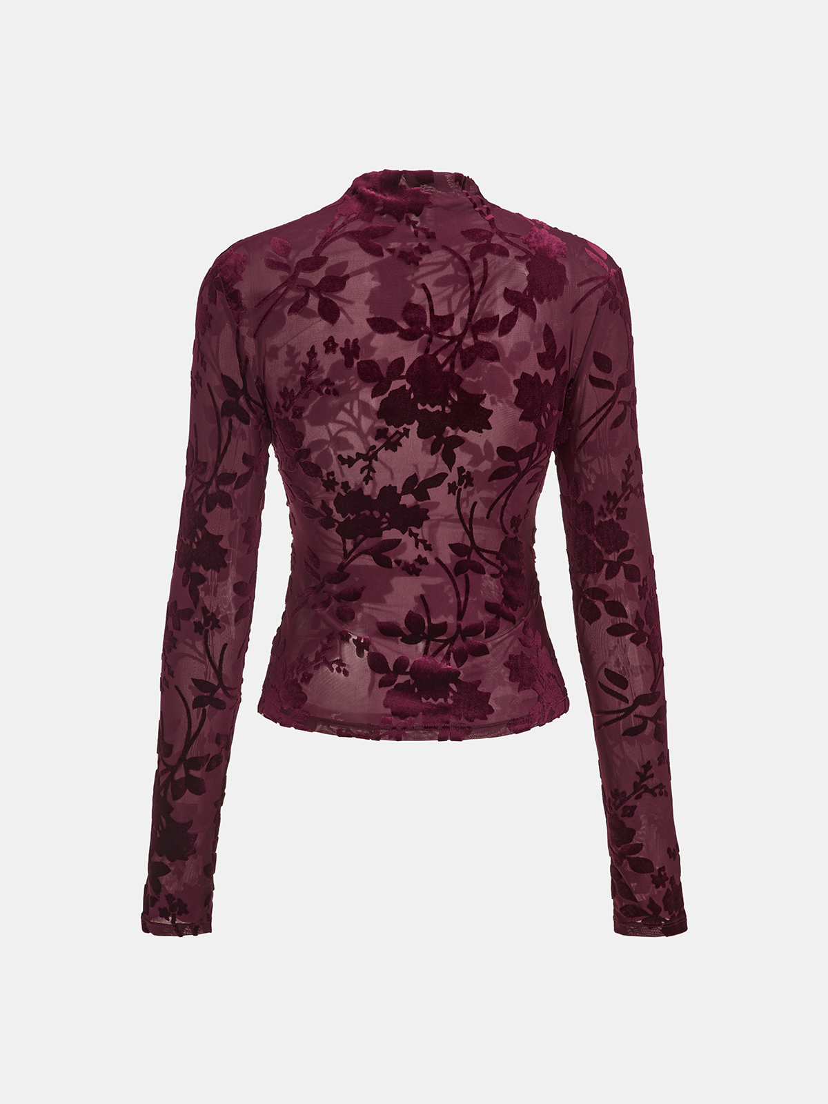 Velvet Floral Mesh Mock Neck Top Lightweight Long Sleeve Pullover
