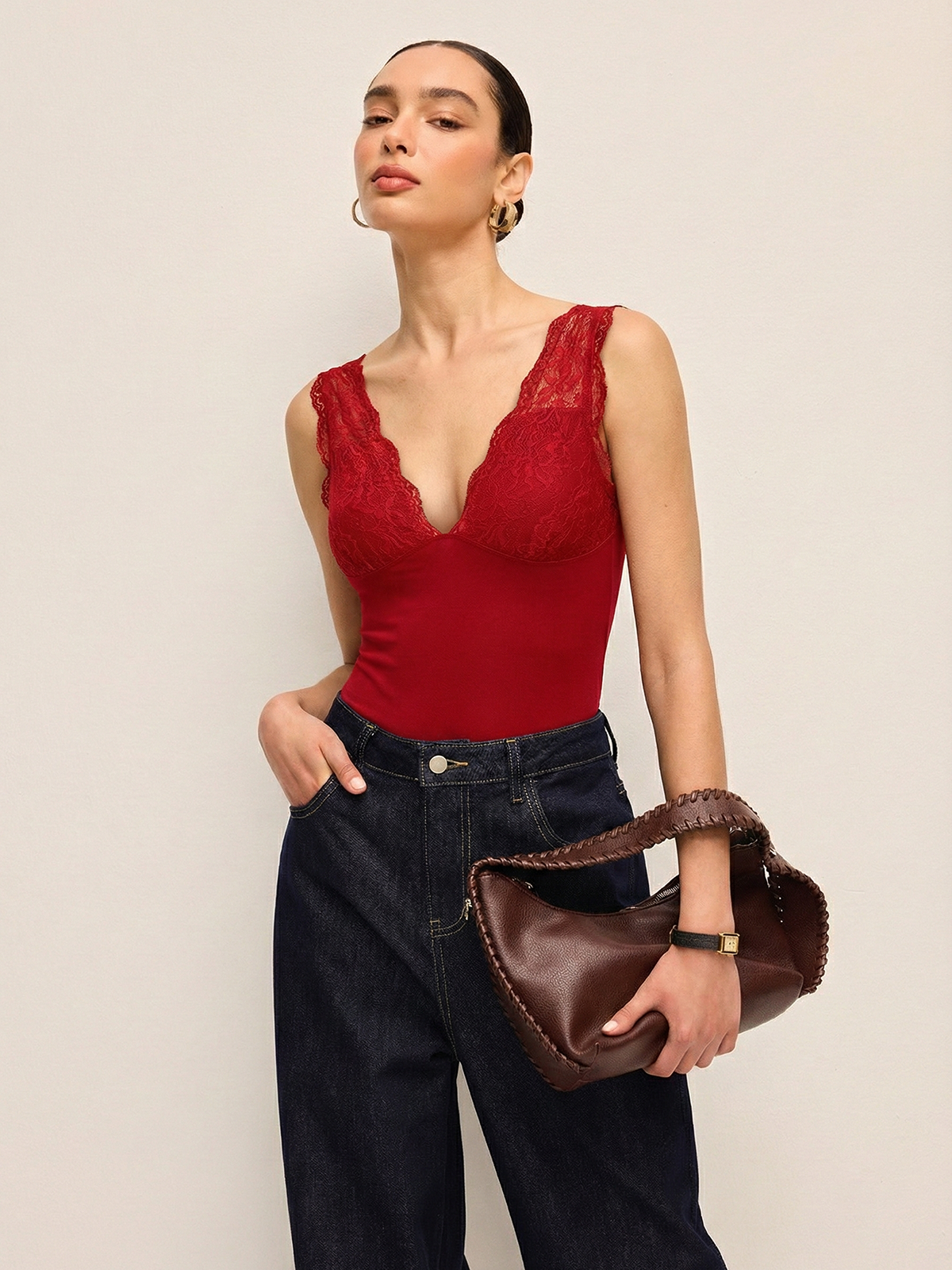 Deep V-Neck Lace-Trimmed Bodysuit for Women, Elegant Long Sleeve Style