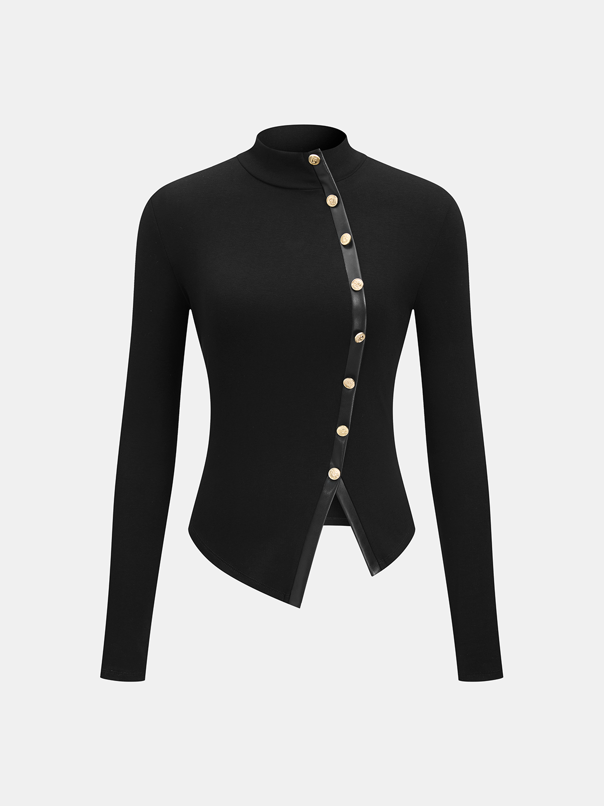 Asymmetric Faux Leather Panel Knit Top with Stylish Modern Detailing