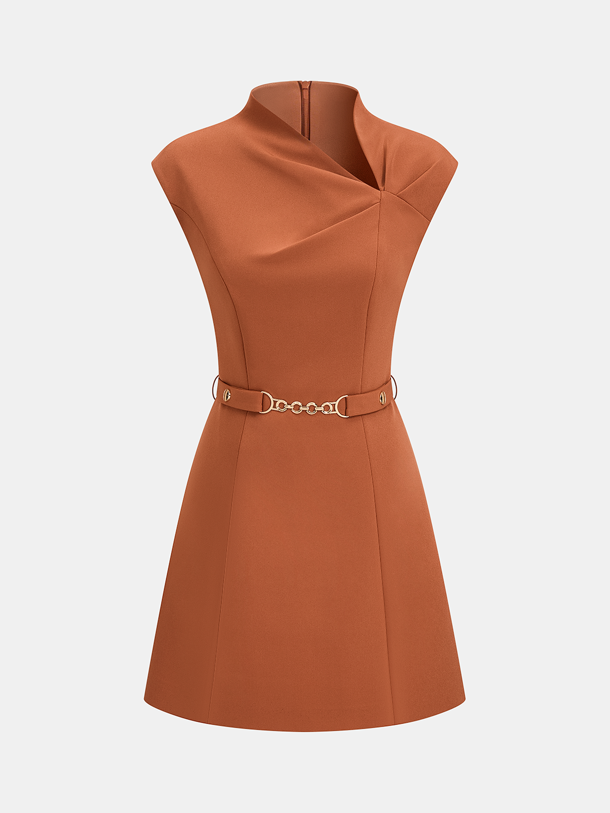 Belted Asymmetric Neckline Sleeveless Mini Dress Stylish Trendy Look