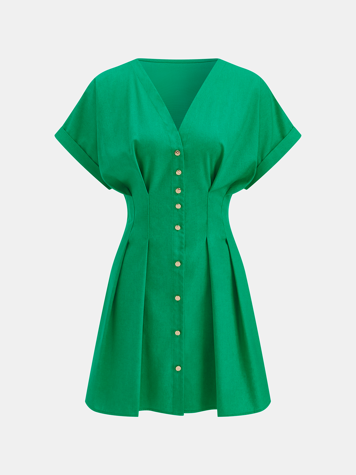 Cotton-Linen Pleated Button-Front Mini Dress with Belted Waistband