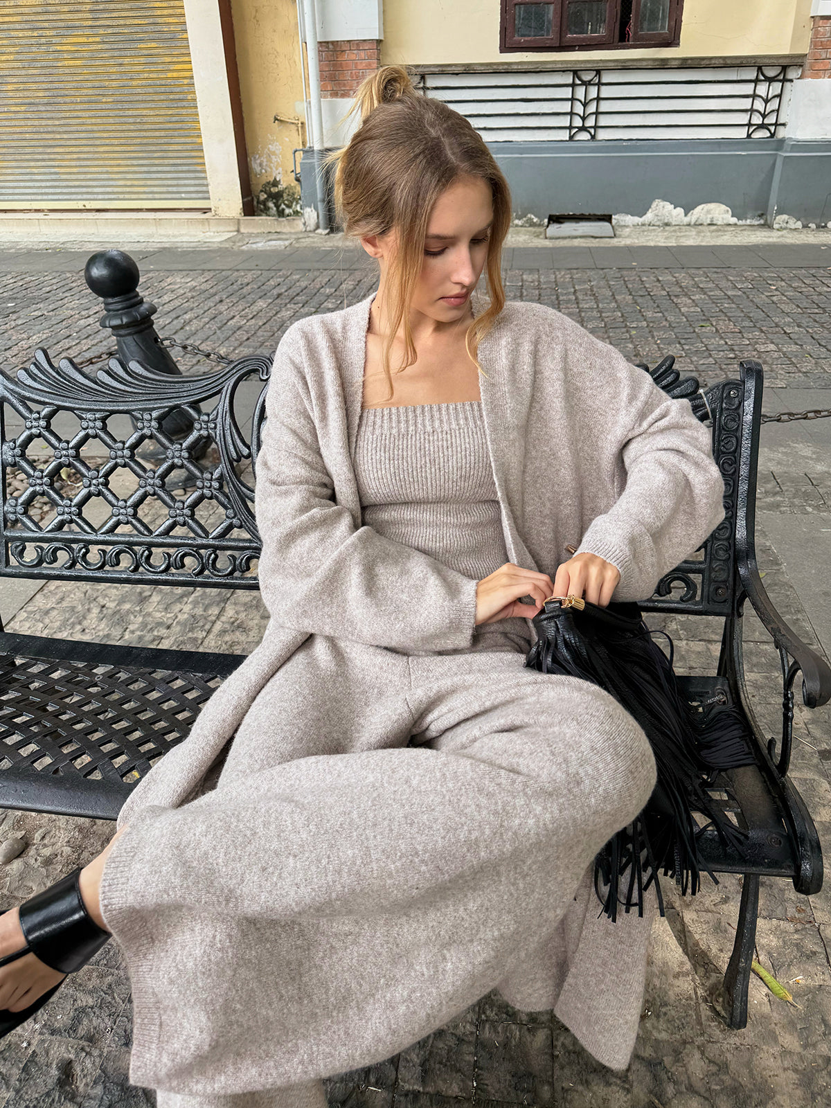 Three-Piece Knit Bustier Cardigan Pants Set for Women's Casual Wear