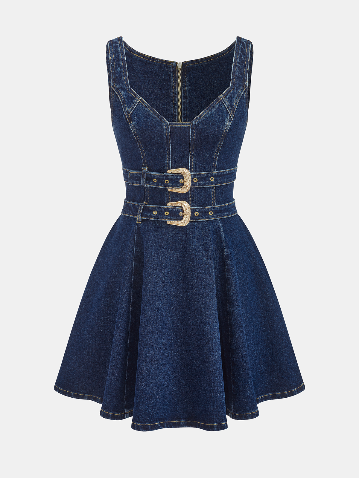 Denim Double-Buckle Mini Dress with Adjustable Straps