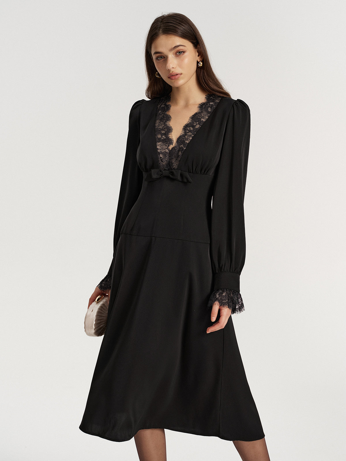 Lace V-Neck Bow Detail Satin Midi Dress for Evening Events