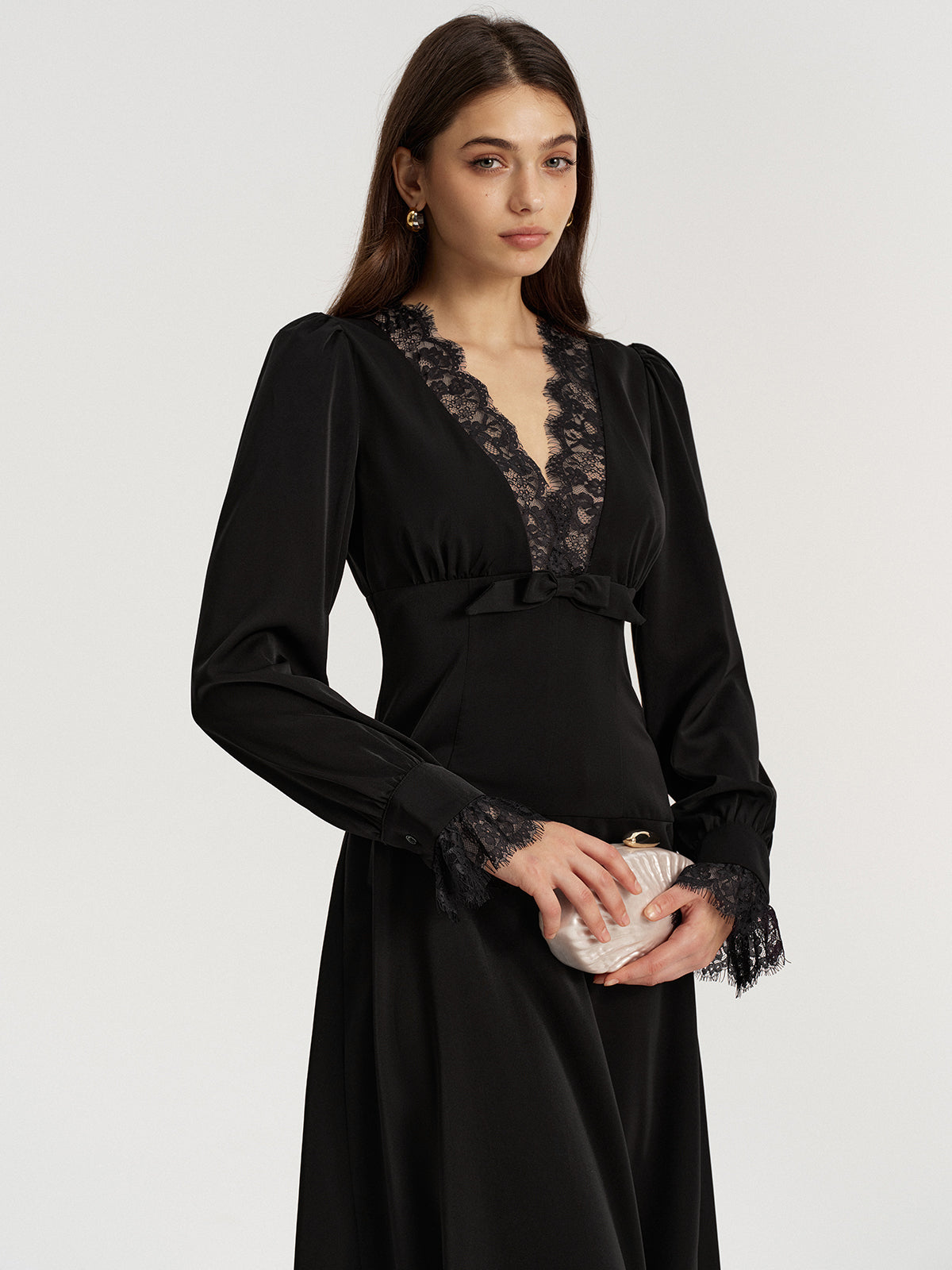 Lace V-Neck Bow Detail Satin Midi Dress for Evening Events
