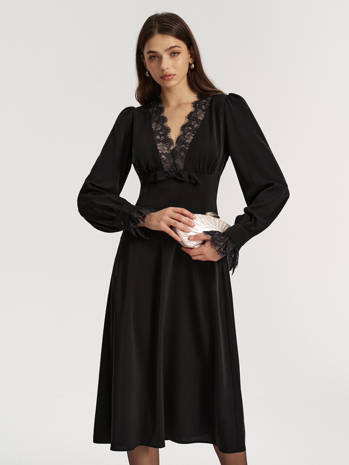 Lace V-Neck Bow Detail Satin Midi Dress for Evening Events