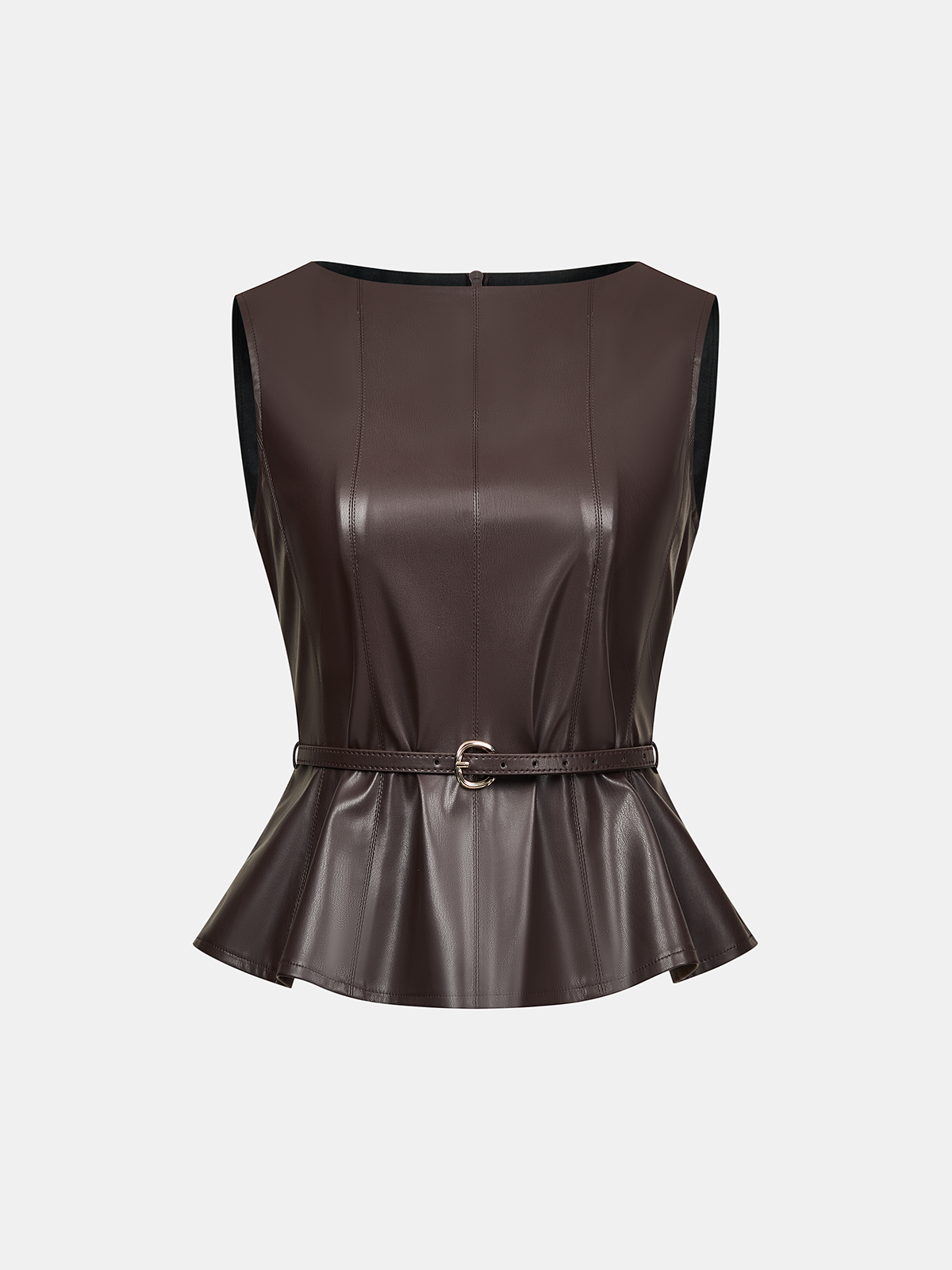 Belted Faux Leather Top with Trendy High Collar