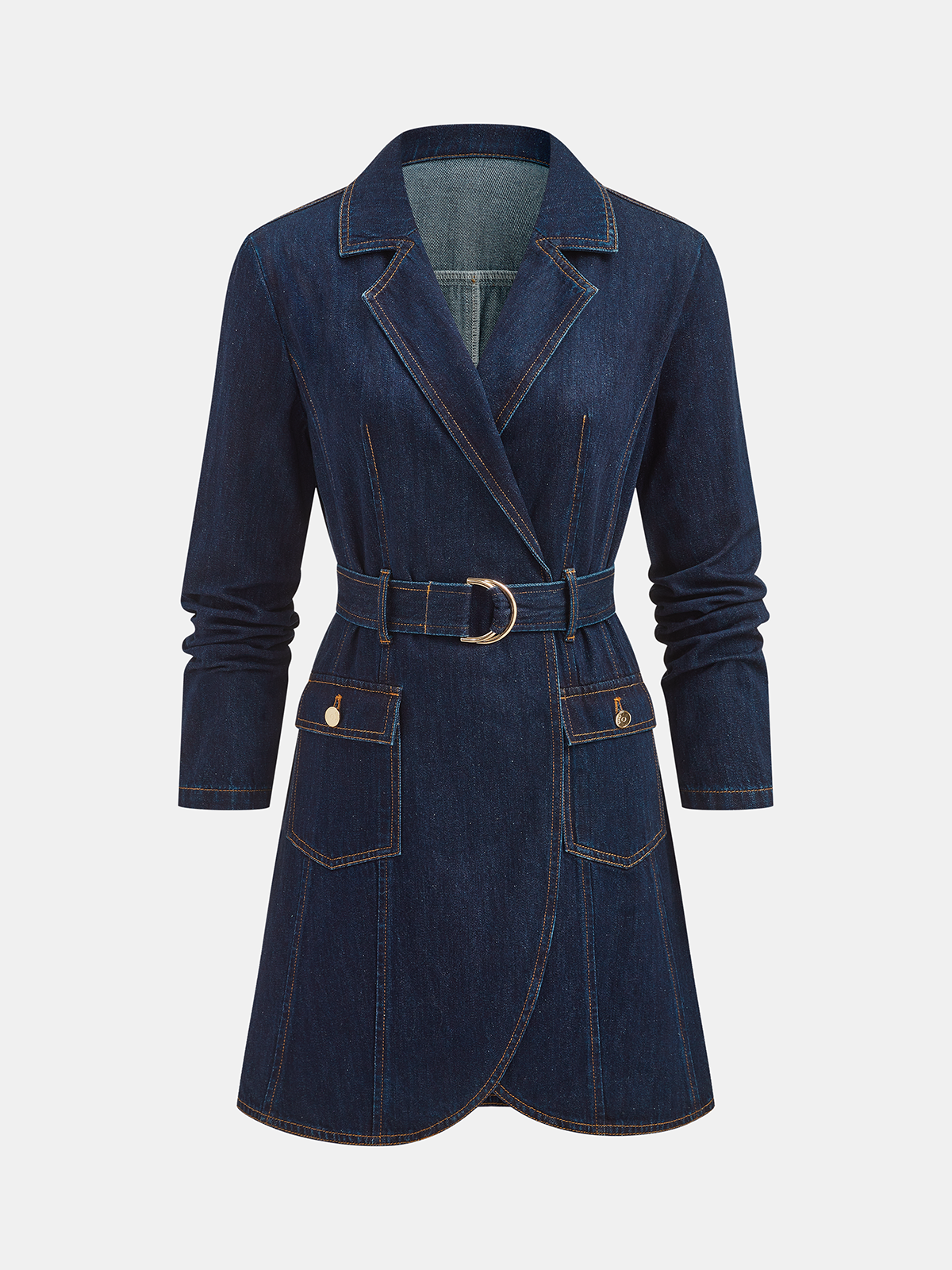 Belted Denim Blazer Dress with Tailored Fit and Vintage Wash