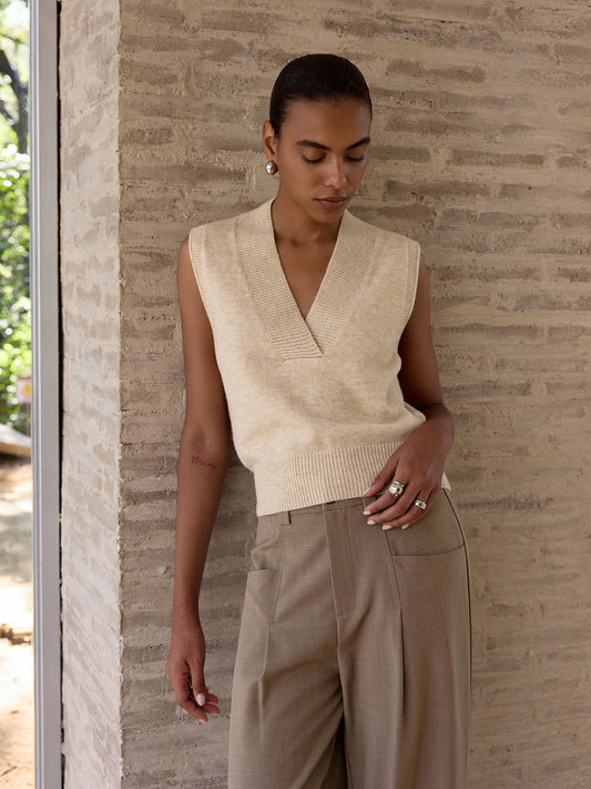 Wool-Blend V-Neck Sleeveless Knit Vest for Layering Essentials