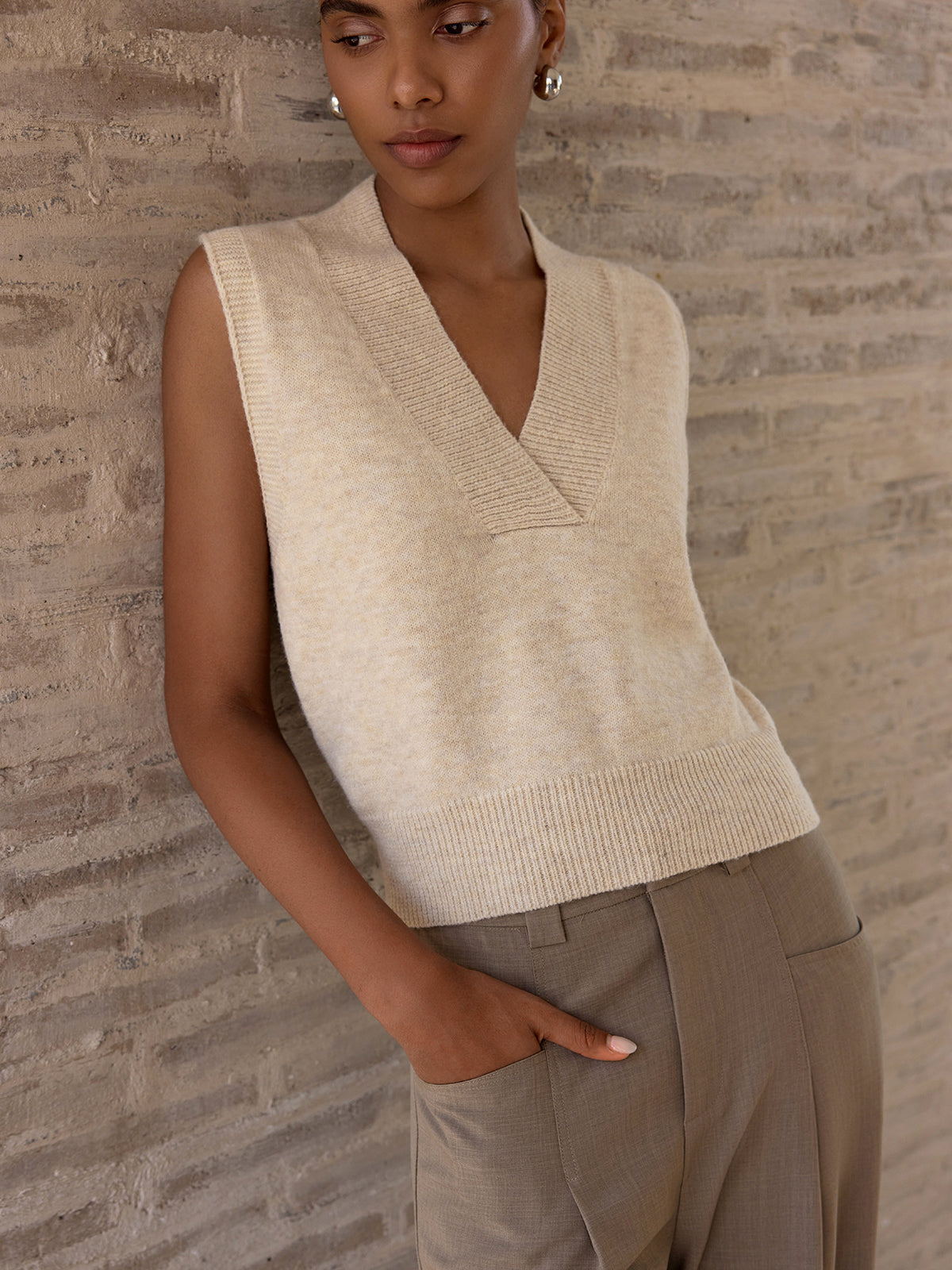 Wool-Blend V-Neck Sleeveless Knit Vest for Layering Essentials