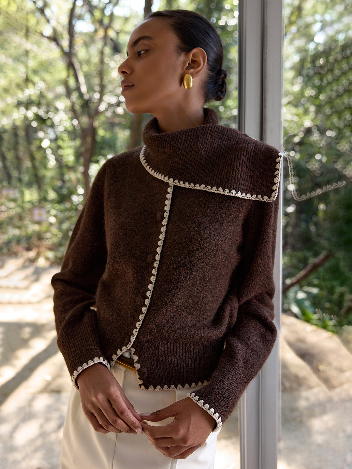 Scalloped Trim Wool-Blend Knit Cardigan for Women, Cozy Fall Essential