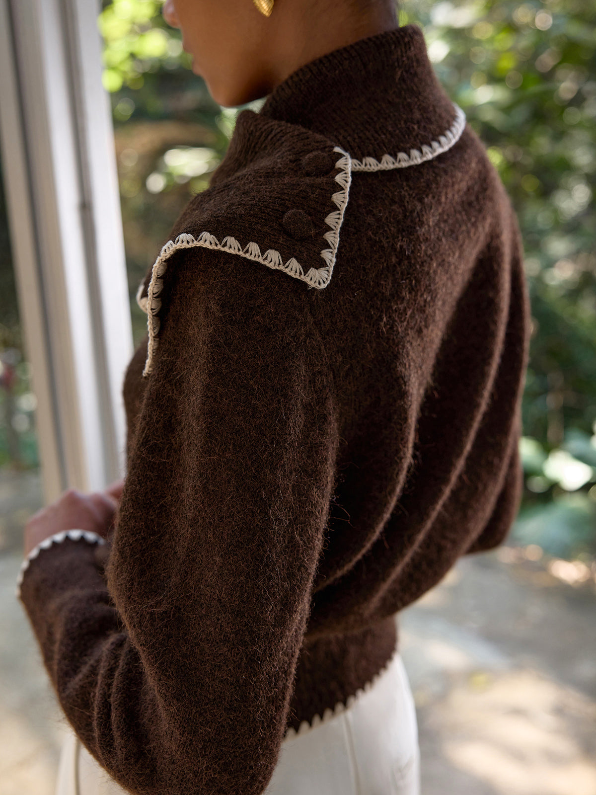Scalloped Trim Wool-Blend Knit Cardigan for Women, Cozy Fall Essential
