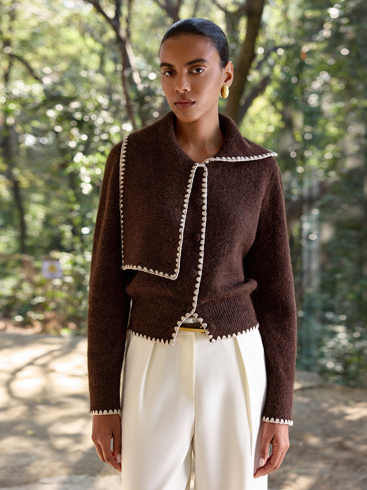 Scalloped Trim Wool-Blend Knit Cardigan for Women, Cozy Fall Essential