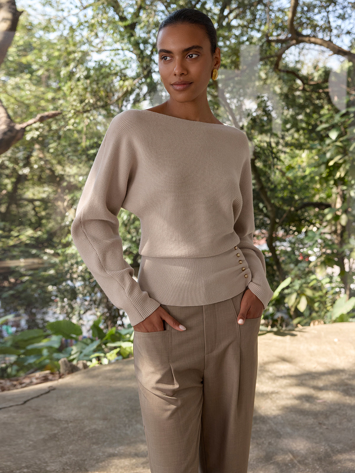 Metal Detail Ribbed Knit Sweater Women's Cozy Winter Top