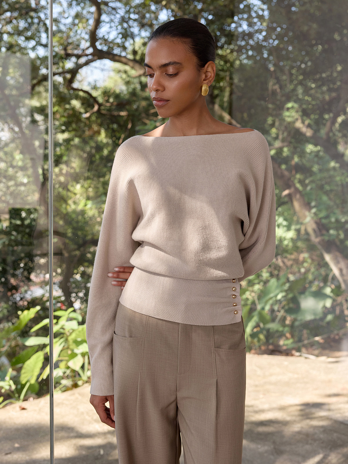 Metal Detail Ribbed Knit Sweater Women's Cozy Winter Top