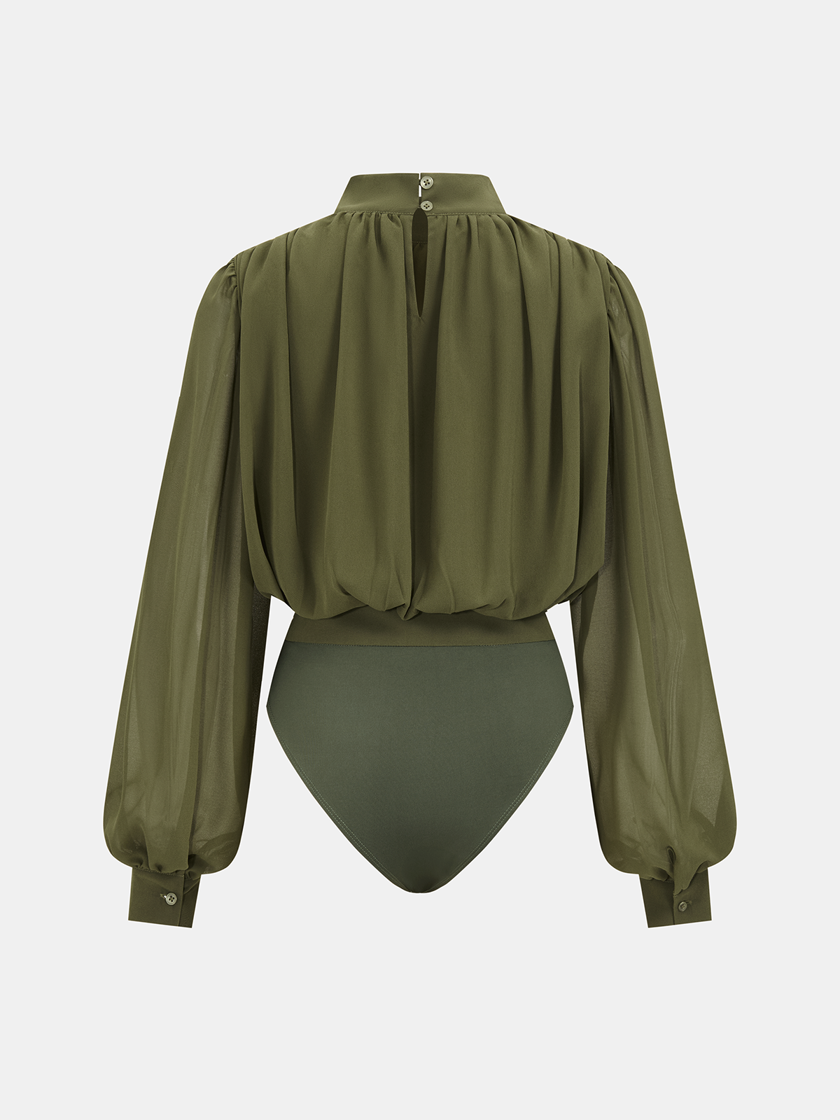 Semi-Sheer Puff-Sleeve Ruched Bodysuit Trendy Versatile Women’s Top