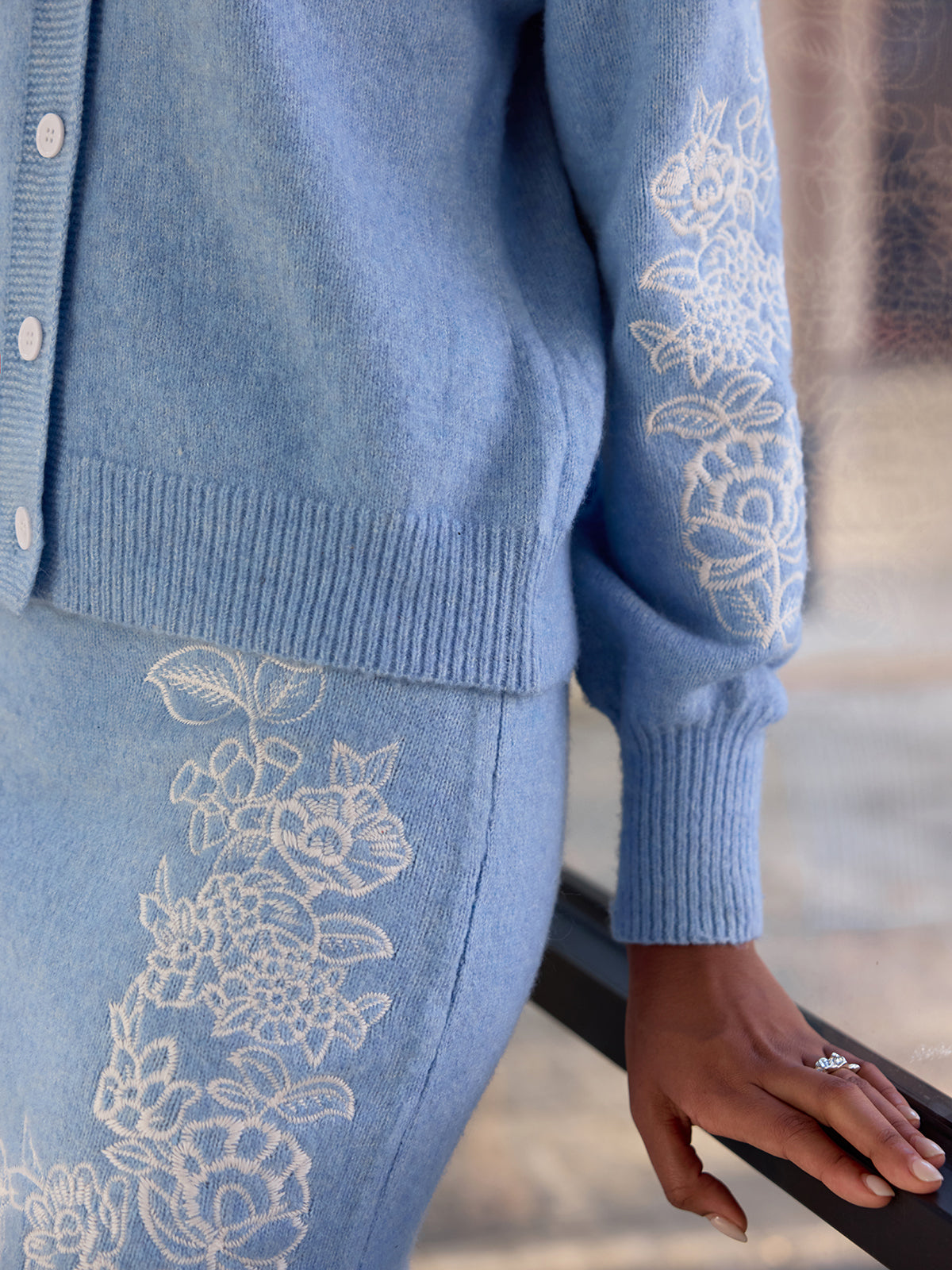 Floral-Embroidered Knit Cardigan & Mini Skirt Set for Women's Fashion