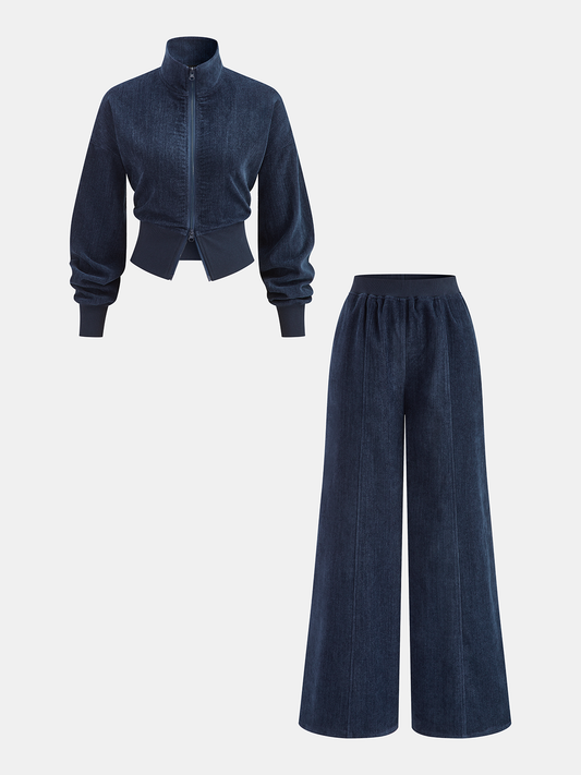 Velvet Zip-Up Jacket & Wide-Leg Pants Set for Casual Chic Style