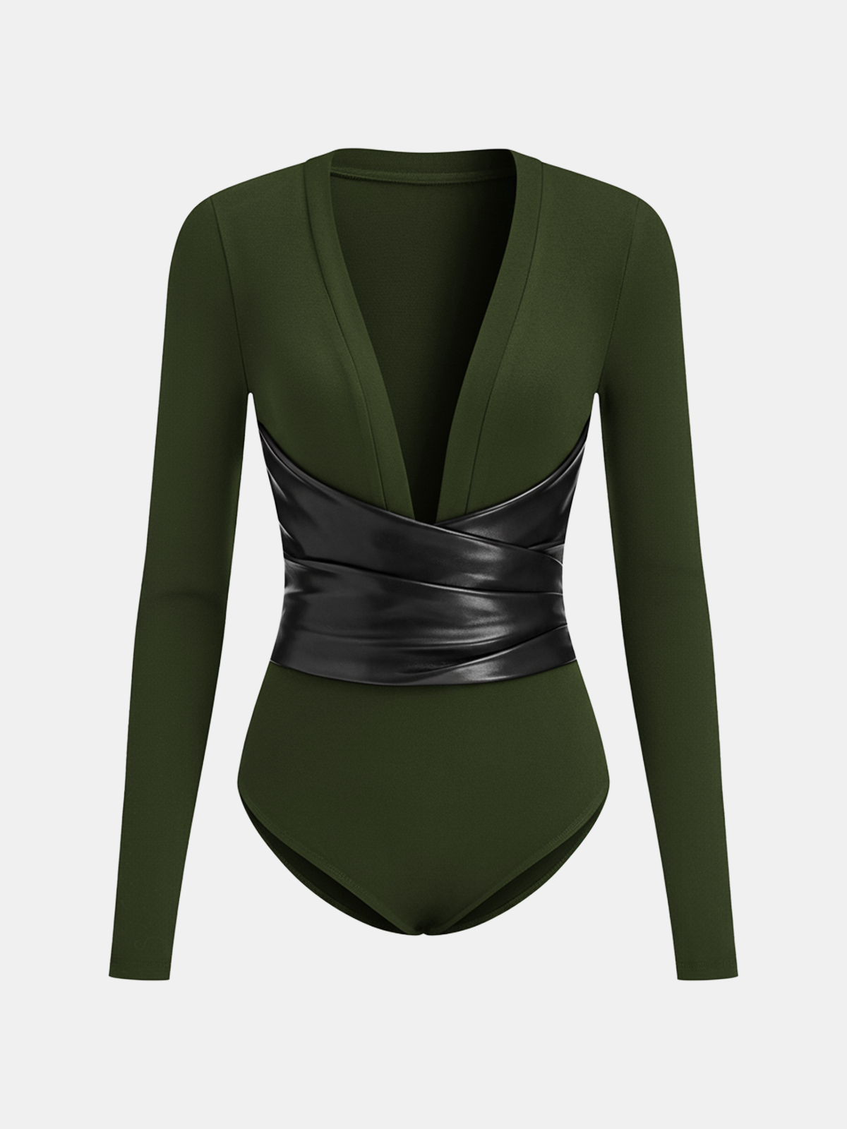 Faux Leather Wrap Waist V-Neck Bodysuit for Women, Trendy Fashion Essential