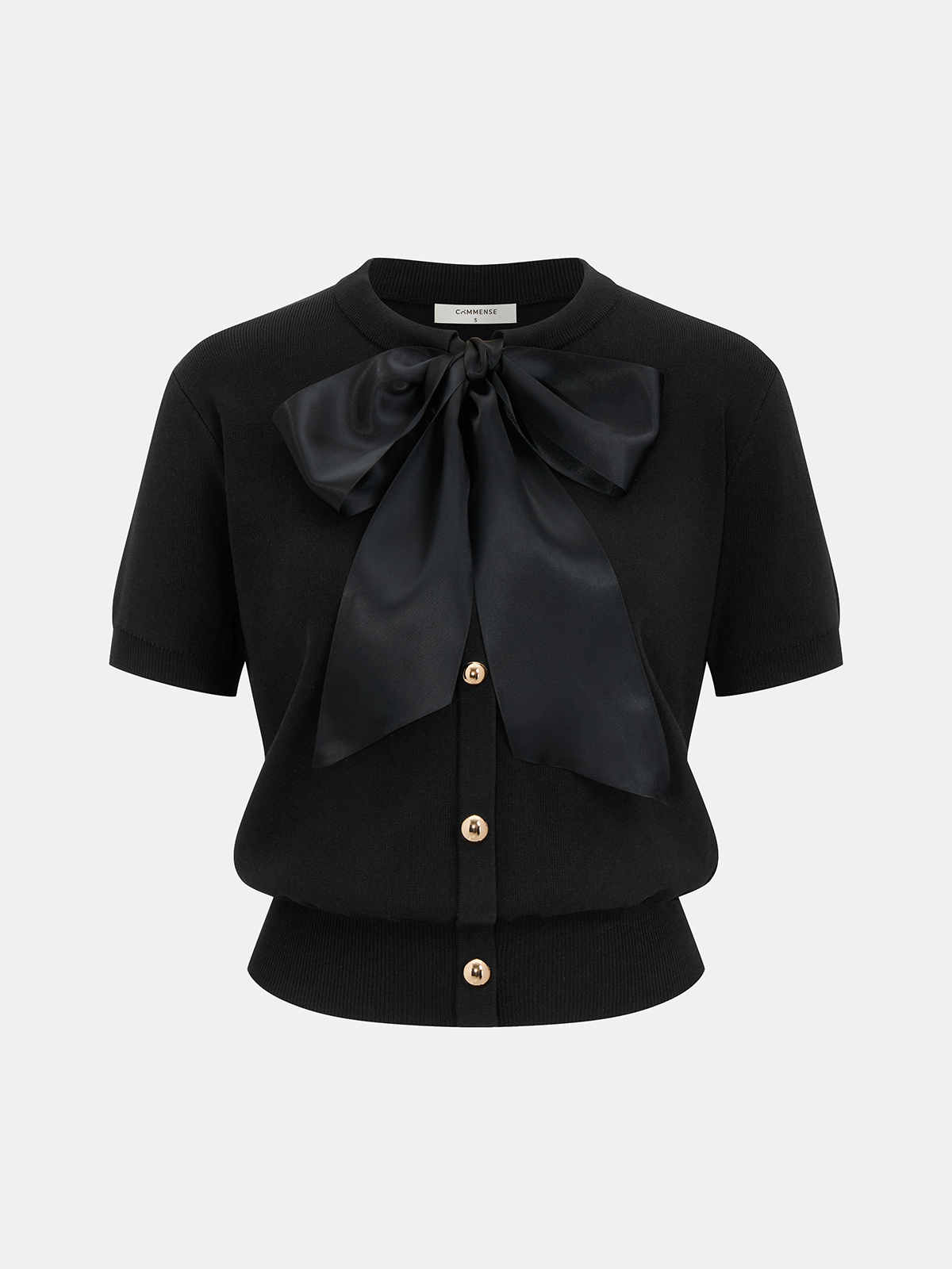 Decorative Button Bow Short-Sleeve Sweater, Women's Casual Knit Top Pullover