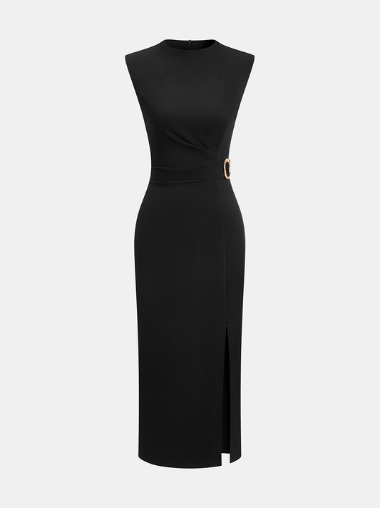 "Women's Elegant Metal Detail Slit Sleeveless Midi Cocktail Dress"