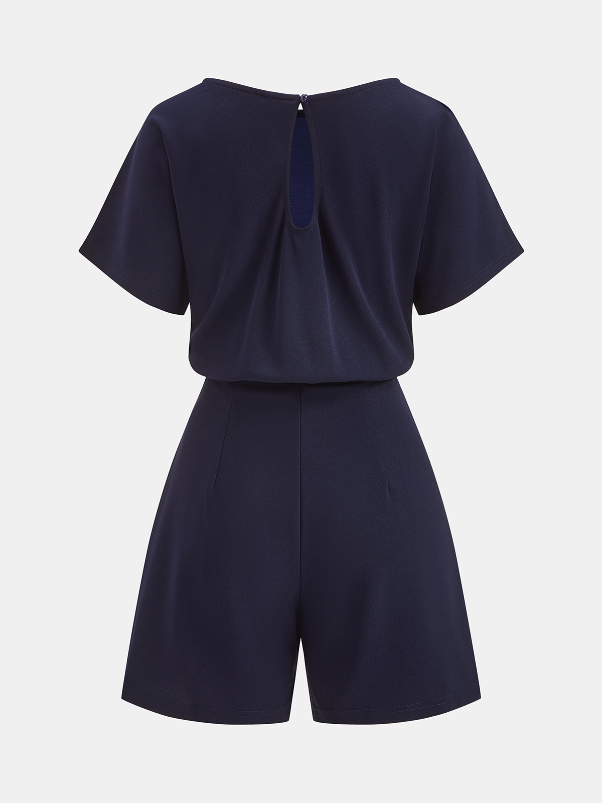 Tie-Waist Short-Sleeve Romper with Side Pockets and V-Neck
