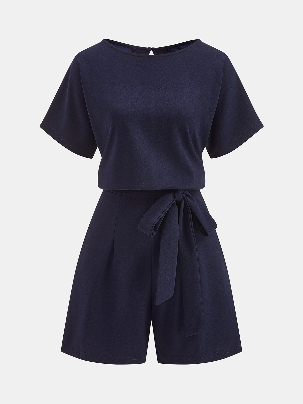 Tie-Waist Short-Sleeve Romper with Side Pockets and V-Neck
