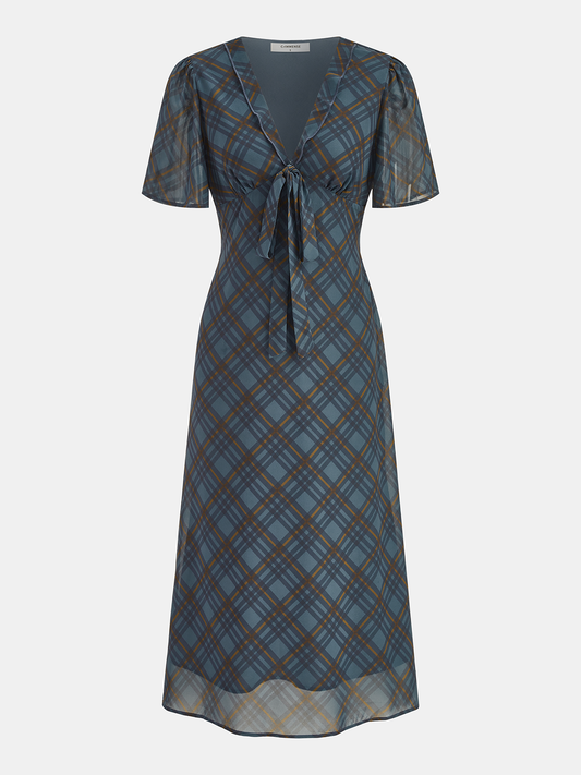 Tie-Front Plaid Chiffon Midi Dress for Women Casual Wear