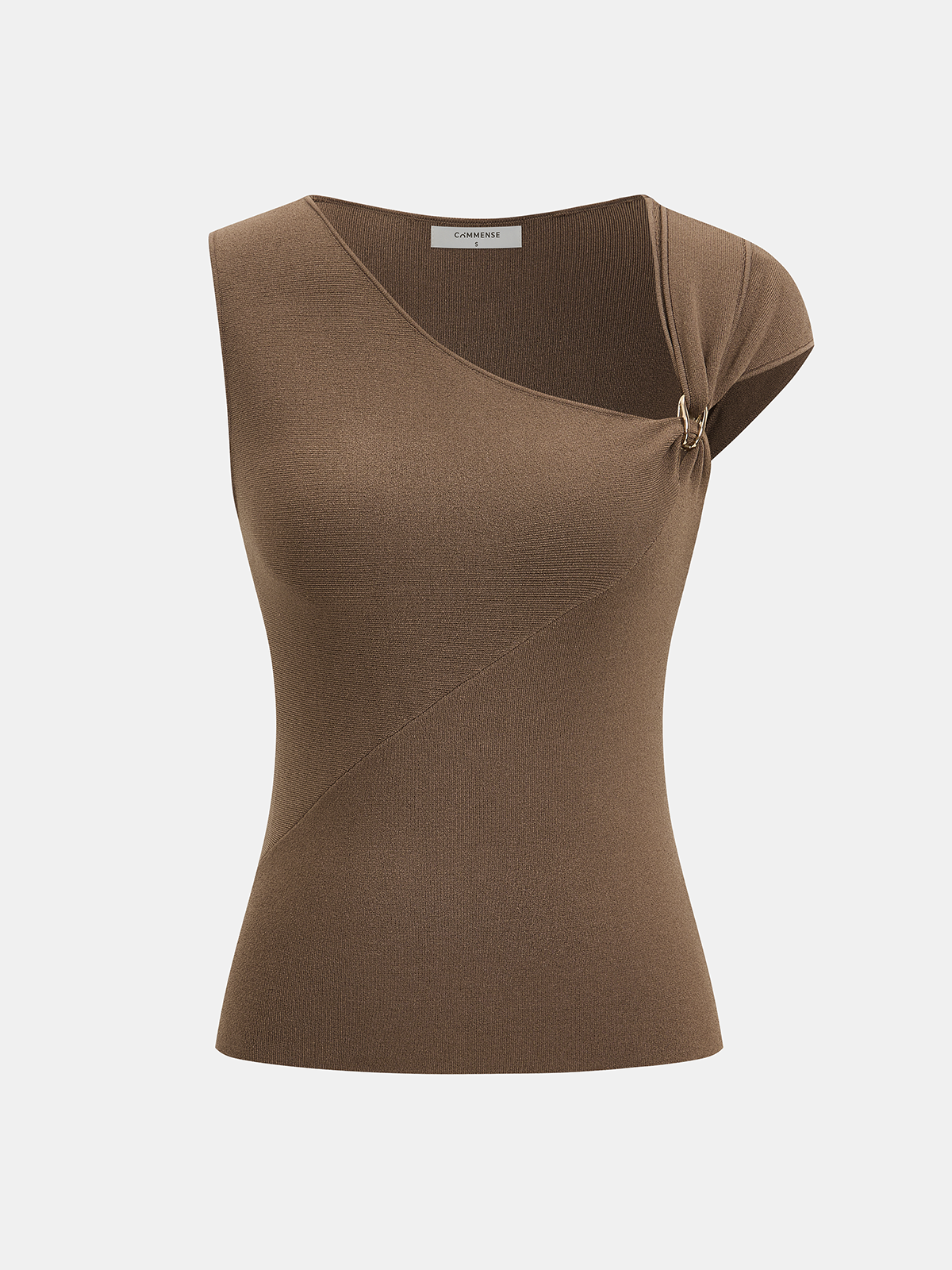 Metal Buckle Asymmetric Neckline Knit Top Fashionable Women's Trendy Casual Pullover