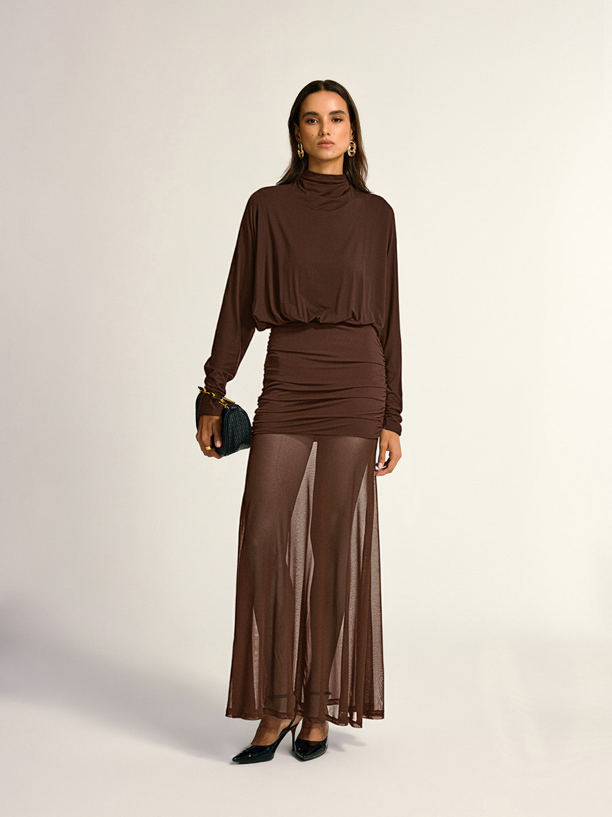 Turtleneck Long Sleeve Drape Ruched Mesh Dress Elegant Party Evening Wear