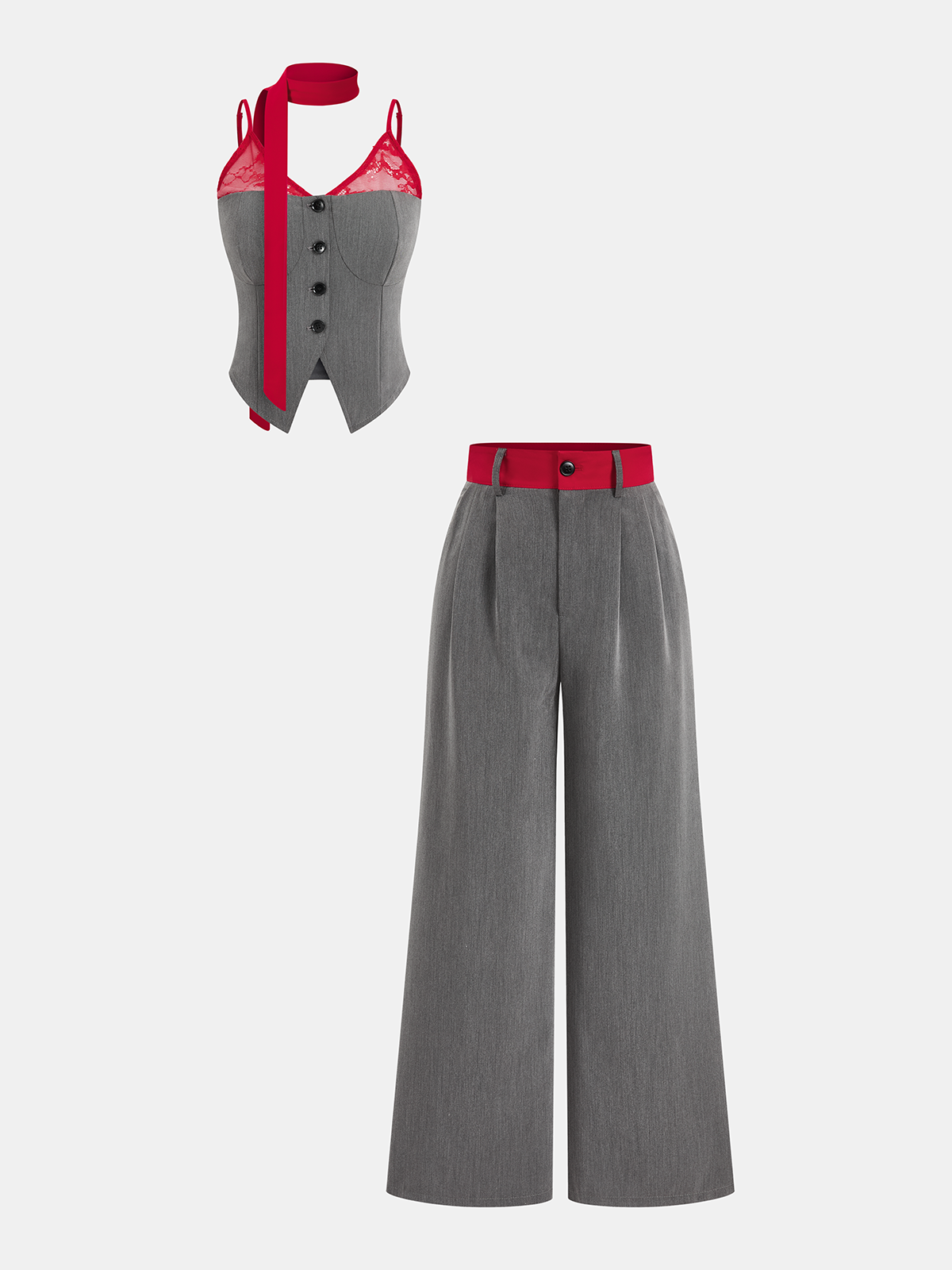 Contrast Lace Cami Vest & Pants Set with Scarf for Women’s Sleepwear