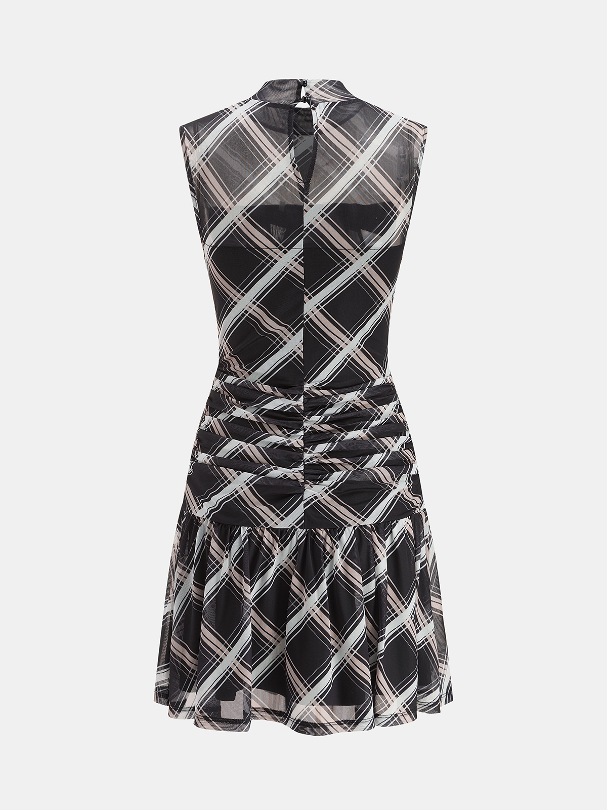 Mock Neck Ruffle Sheer Plaid Mini Dress for Women Casual Party