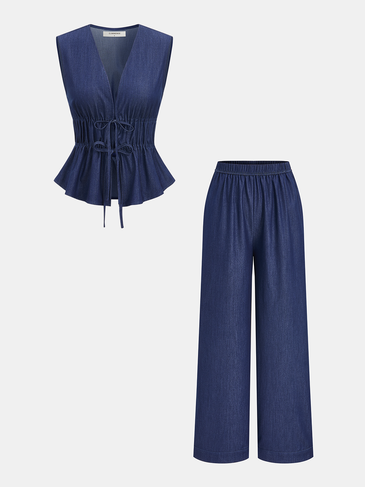 Faux Denim Tie-Waist Vest & Pants Set with Matching Belt