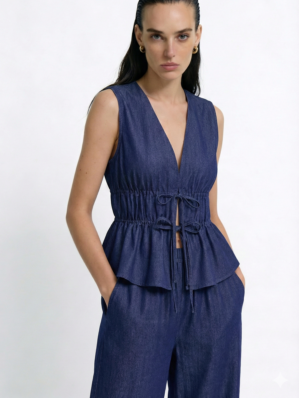 Faux Denim Tie-Waist Vest & Pants Set with Matching Belt