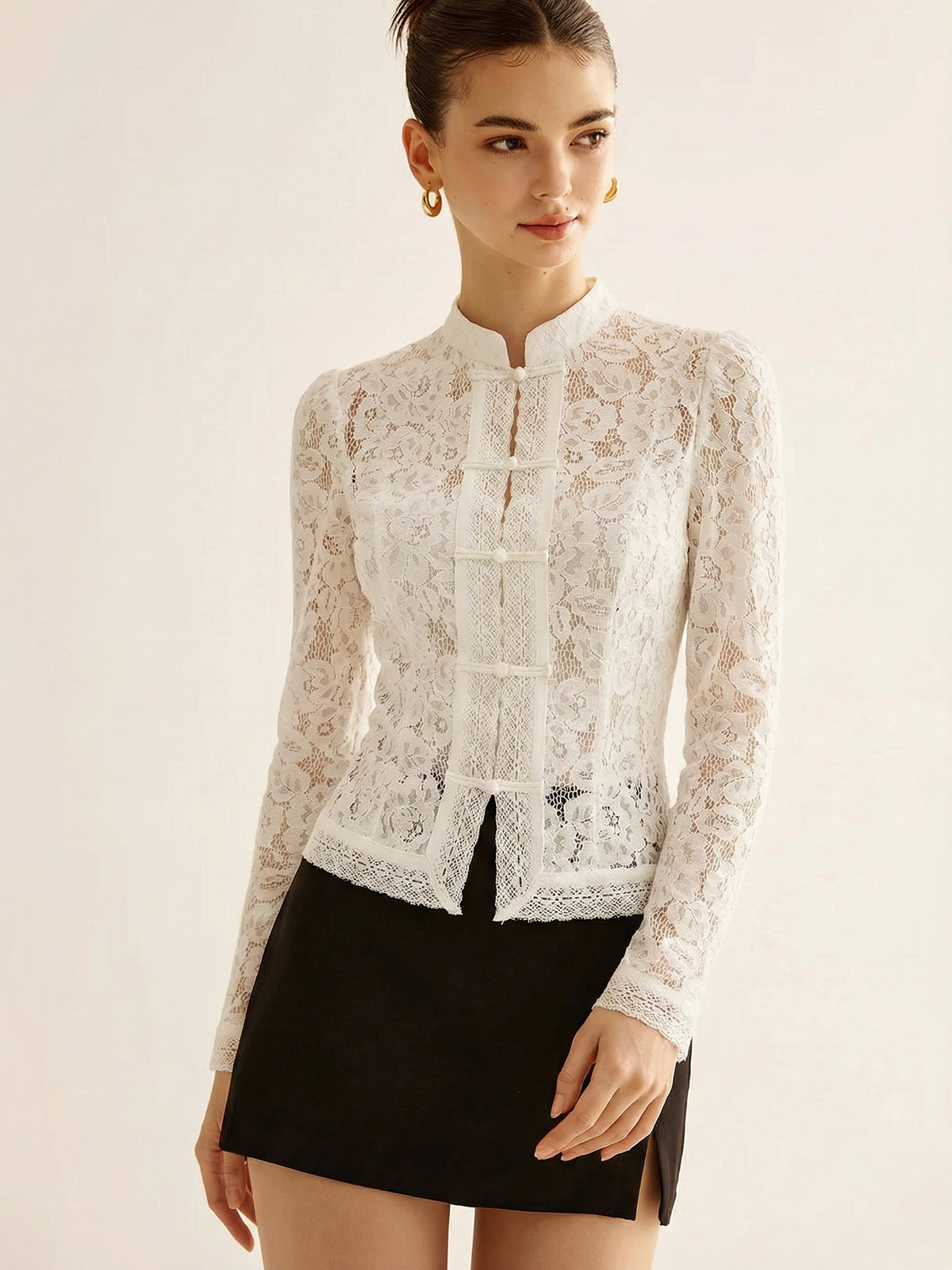 Frog Closure Lace Mandarin Collar Blouse Elegant Women's Traditional Top